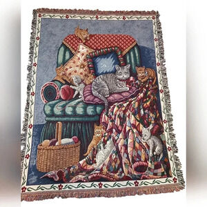 NWOT Vintage Manual Woodworkers and Weavers Cotton Tapestry Throw Blanket Cats